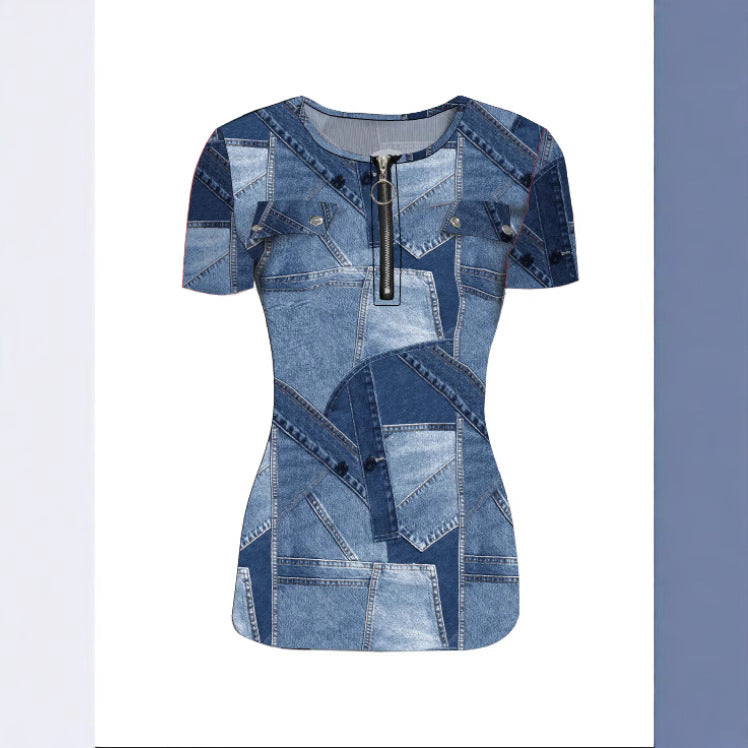 Dame Kortærmet Bluse i Denim-look Stilla