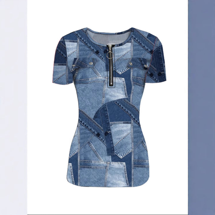 Dame Kortærmet Bluse i Denim-look Stilla
