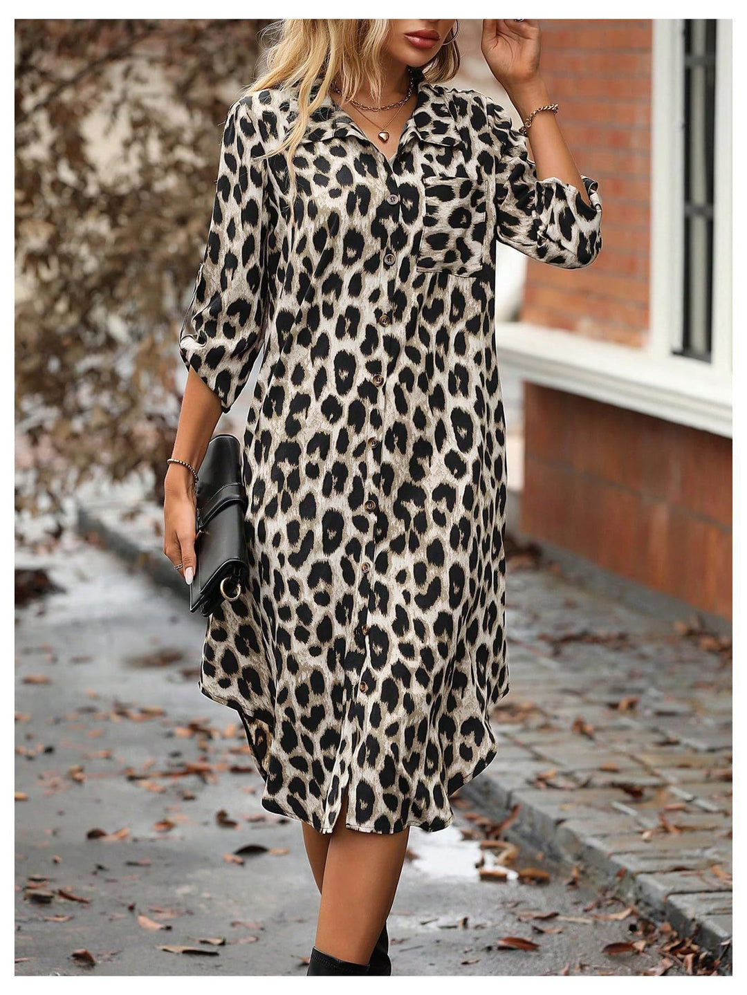 Femme Stilfuldt Leopardmønster Lang Knap-op Kjole Stilla