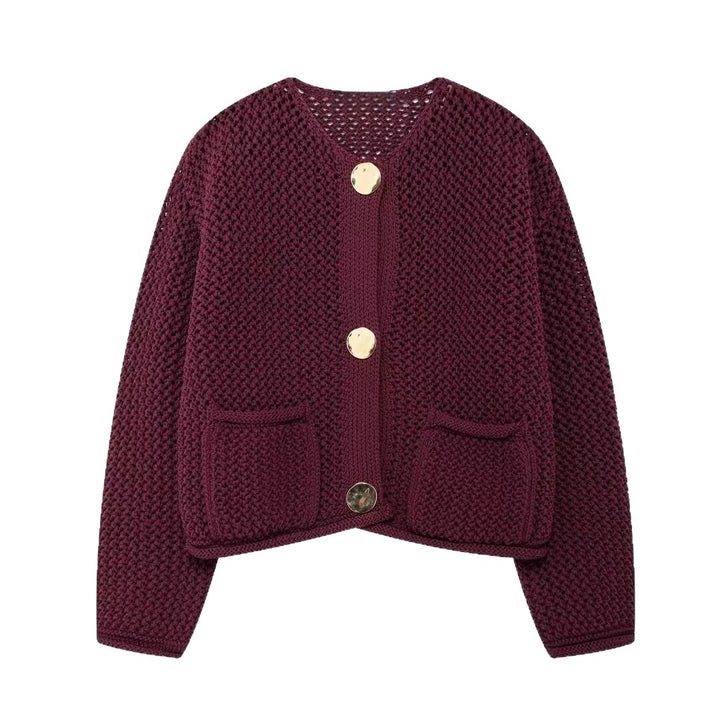 Kvinders cardigan med mesh struktur og store knapdetaljer Stilla