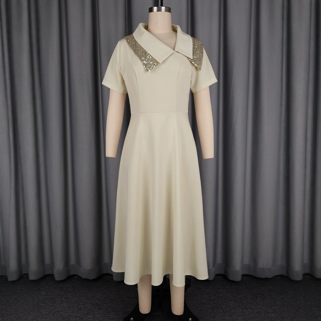 Dame elegant midi kjole med funklende krave Skovae