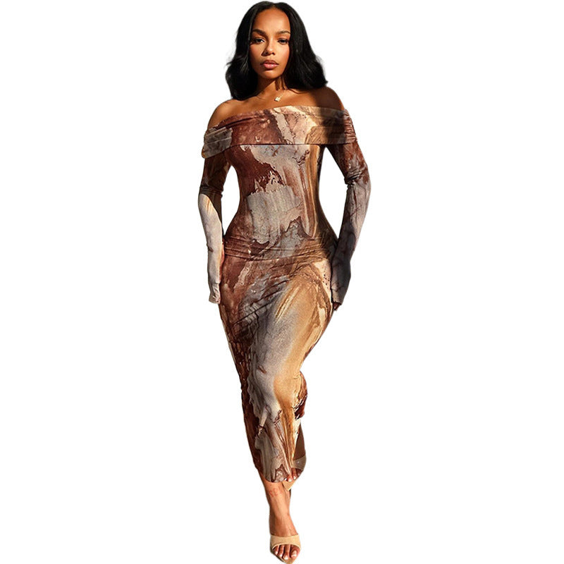 Frau Off-Shoulder Bodycon Midi Kjole med abstrakt Marmorprint Stilla