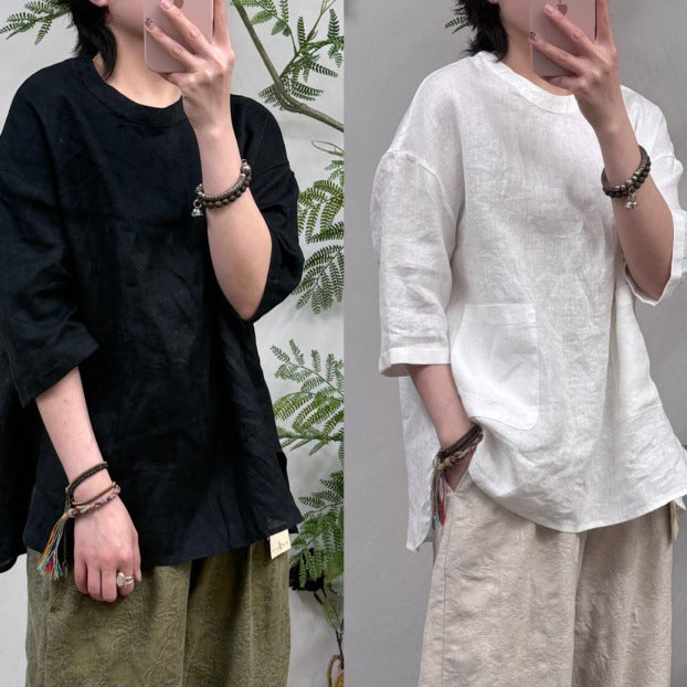 Dame Relaxed Fit Linned Tunika-Oberteil med Lomme Stilla