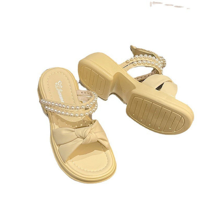 Dame Mode-sandaler med elegant sløjfe-applikation og perle-dekoration Stilla