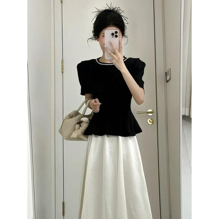 Femme Elegante Peplum-Oberdel og Flydende Maxi-Nederdel Sæt Stilla