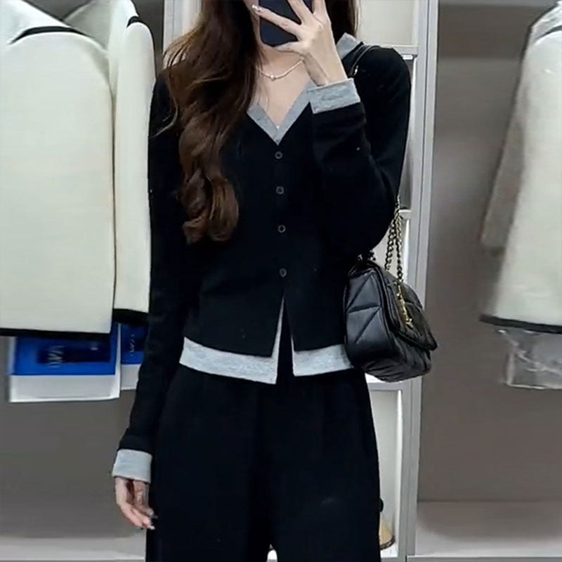 Dame Button-Up Lagdelt Cardigan med Kontrastbånd Stilla