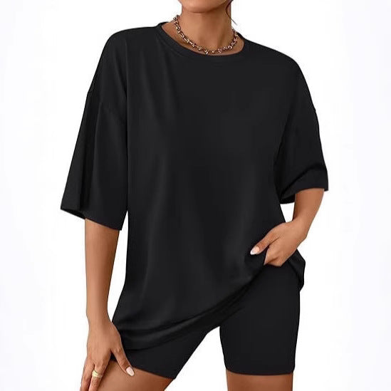 Dame Relaxed Fit Oversized T-Shirt og Biker-Shorts-Sæt Stilla