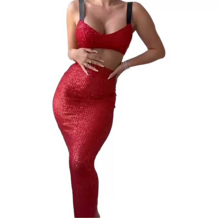 Damer Glitterende Crop Top og Lang Nederdel Sæt Skovae