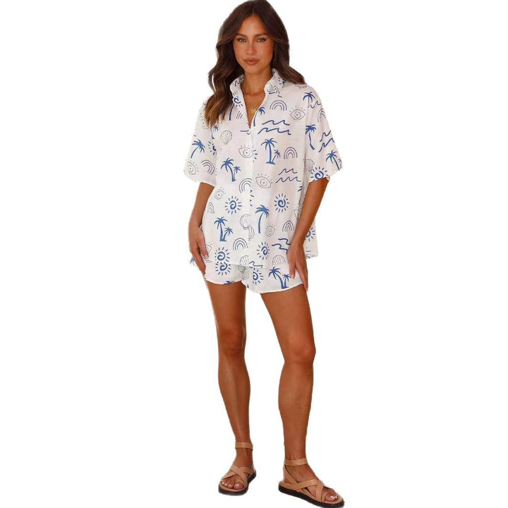 Dame Trendy Sommer Tryk Korte Ærmer Shirt Sæt Stilla
