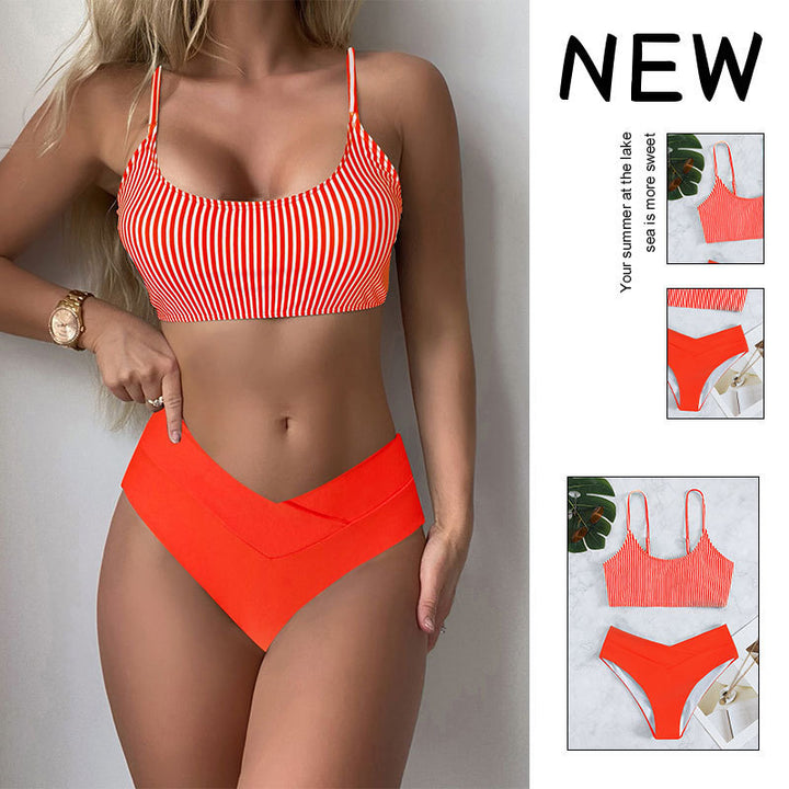 Dame Triangel-Bikini-sæt med moderne stribet top og højt skåret trusser Skovae