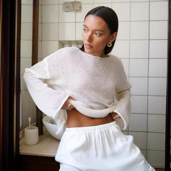 Damer casual sweater med brede ærmer og fint huller strik design Stilla