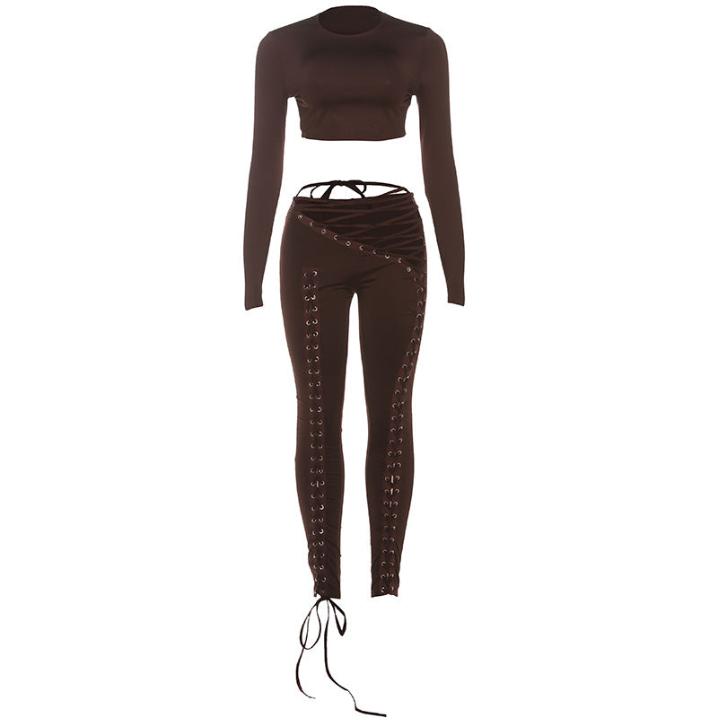 Dame Crop-Top og højtskårne leggings med snørredetaljer Skovae