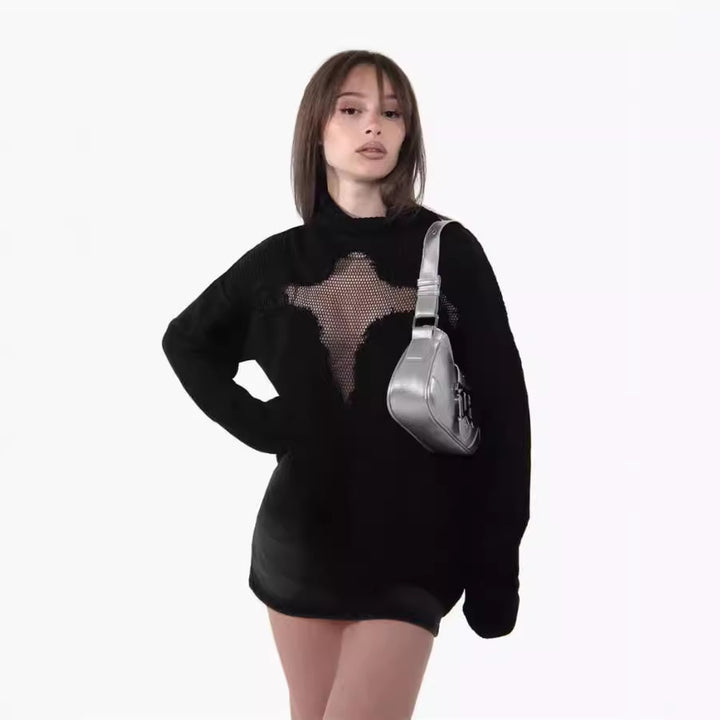 Dame Oversized Strikpullover med spændende Mesh-indsats og ukonventionelt design Stilla