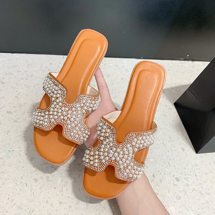 Dame mode slide-sandaler med funklende perle- og rhinestones dekoration Stilla
