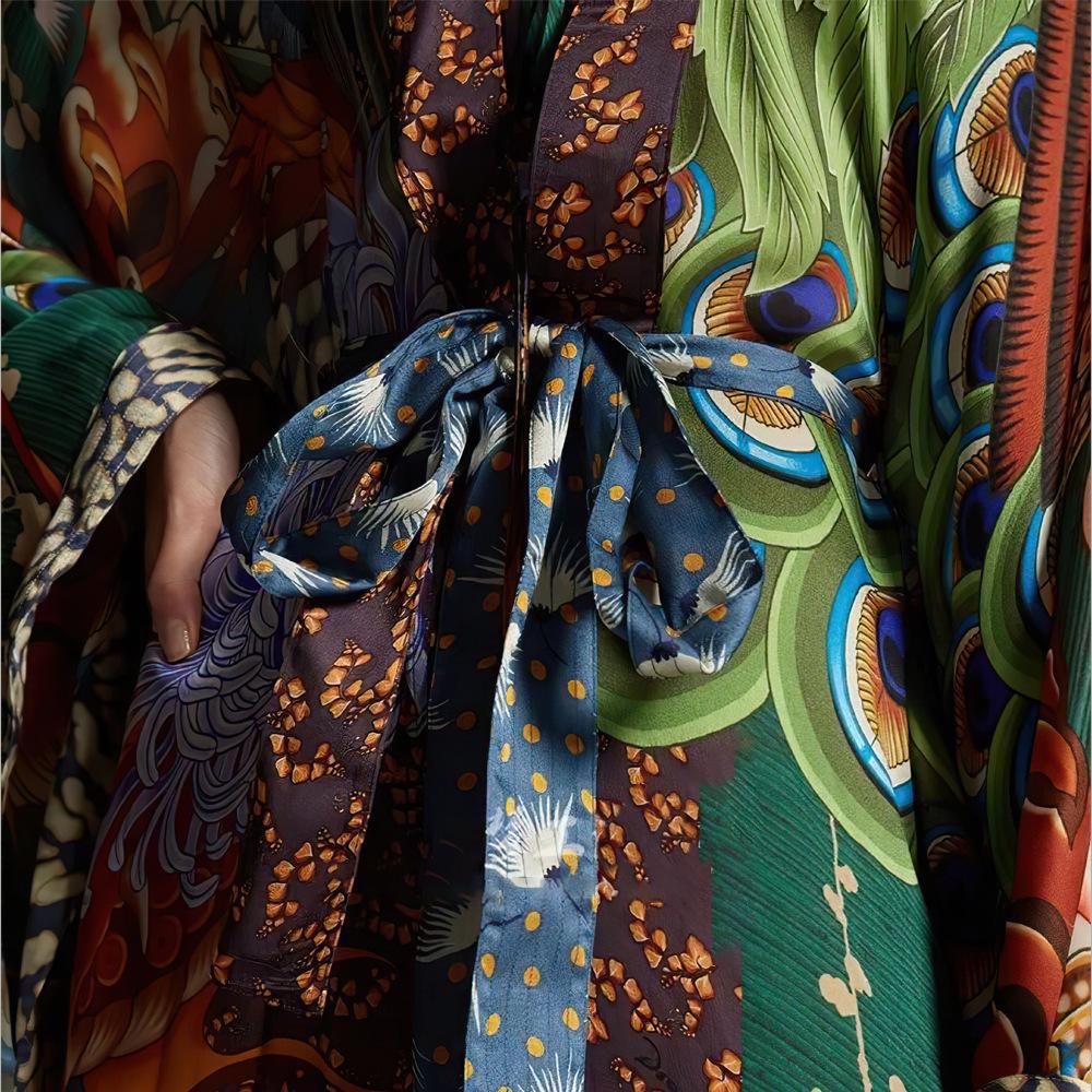 Dame elegant Kimono-stil strandovergang med kunstnerisk mønster og dyb V-udskæring Stilla