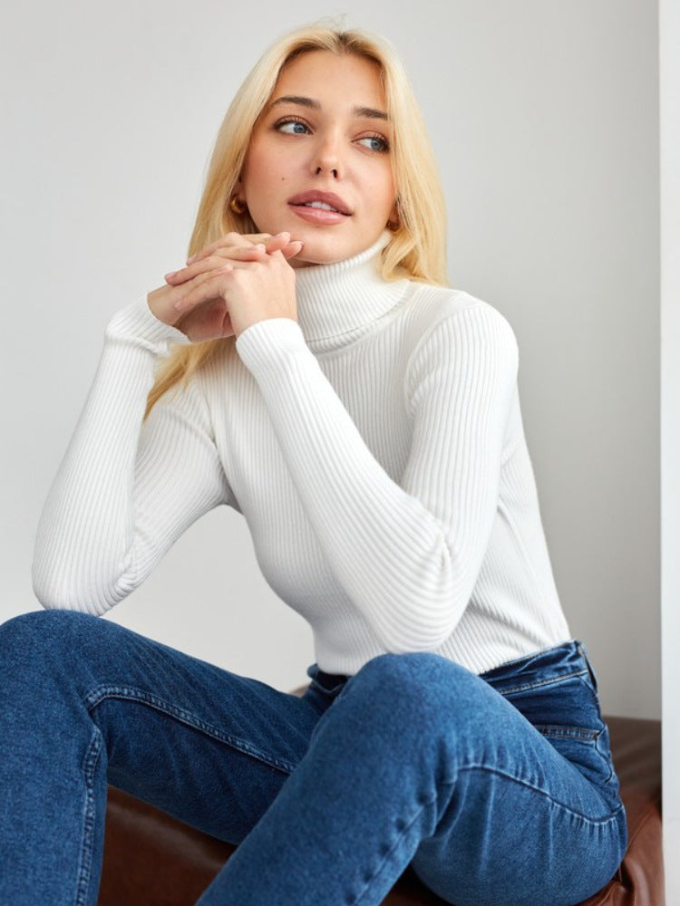 Kvinders lang sweater med høj krave og fin ribbet tekstur Stilla