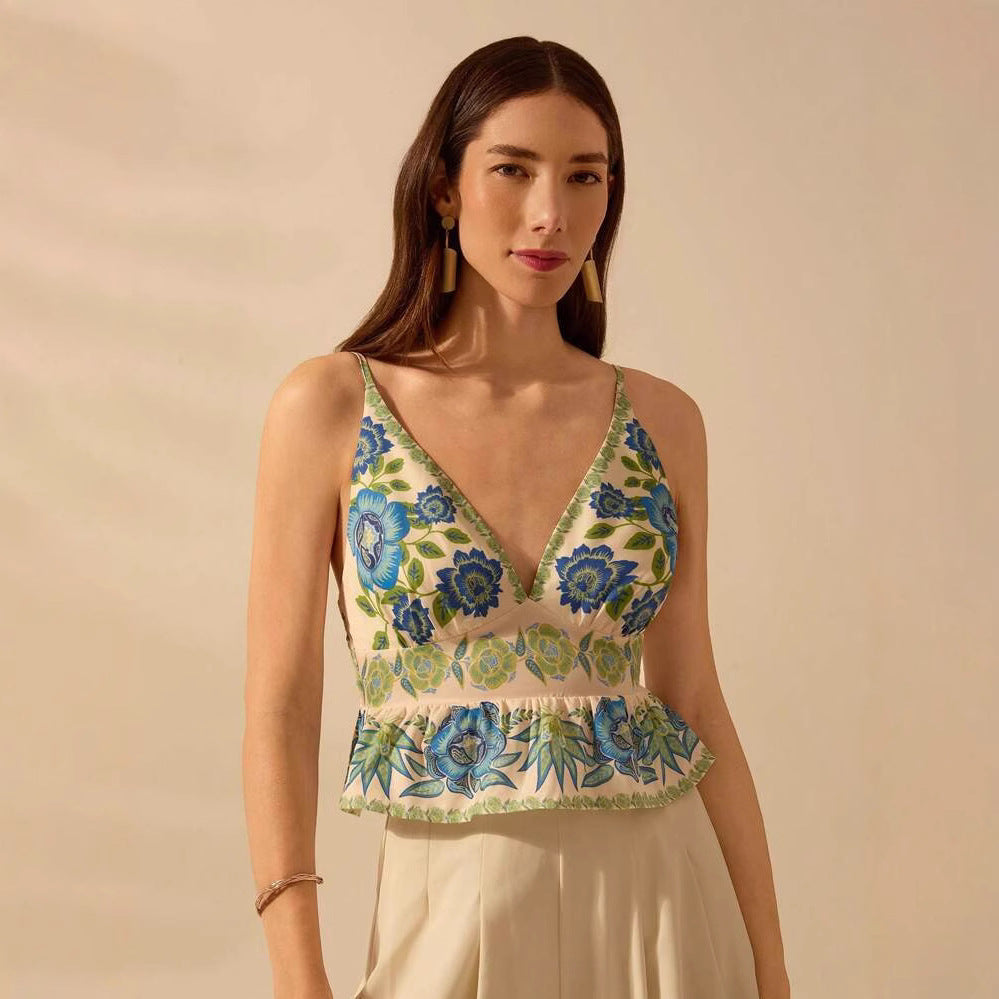 Dame rynkebluse med floralt design og V-udskæring Stilla