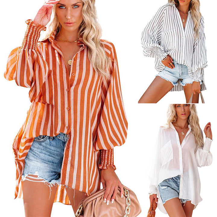 Dame Casual Skjortebluse med voluminøse ærmer og fine striber Stilla