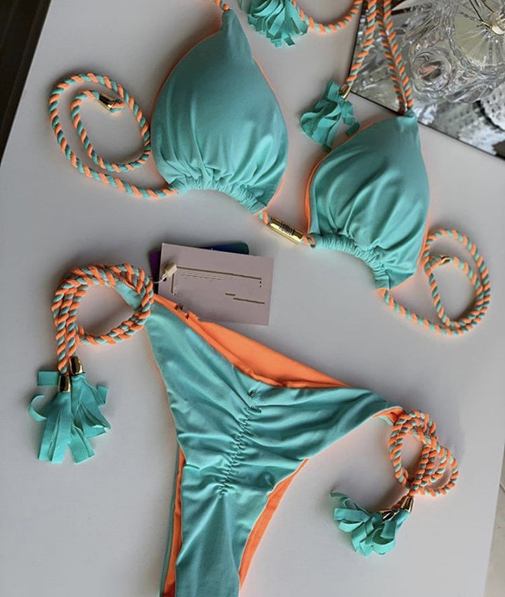 Dame triangel-bikini med moderne leopardmønster og dekorative frynser Skovae