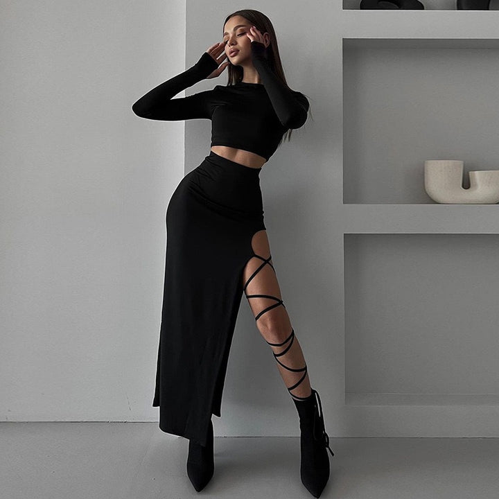Dame Elegant Crop-Top med asymmetrisk nederdel og raffineret ben-splitt Skovae