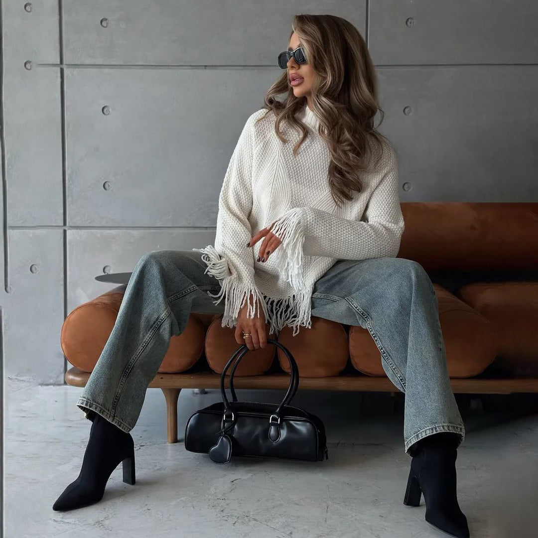 Kvinders tykkestrikkede sweater med frynser Stilla