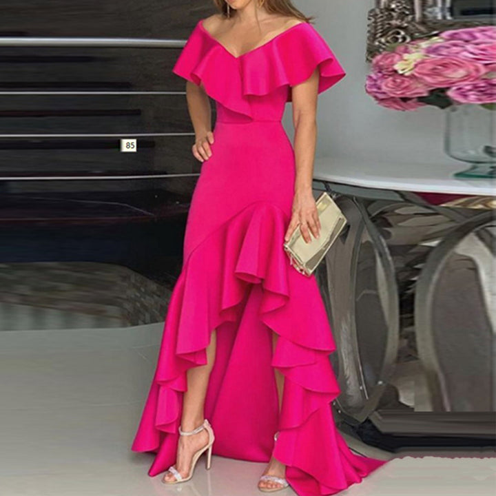 Dame Elegant Maxikjole med Flæsedetaljer og Asymmetrisk Kant Stilla