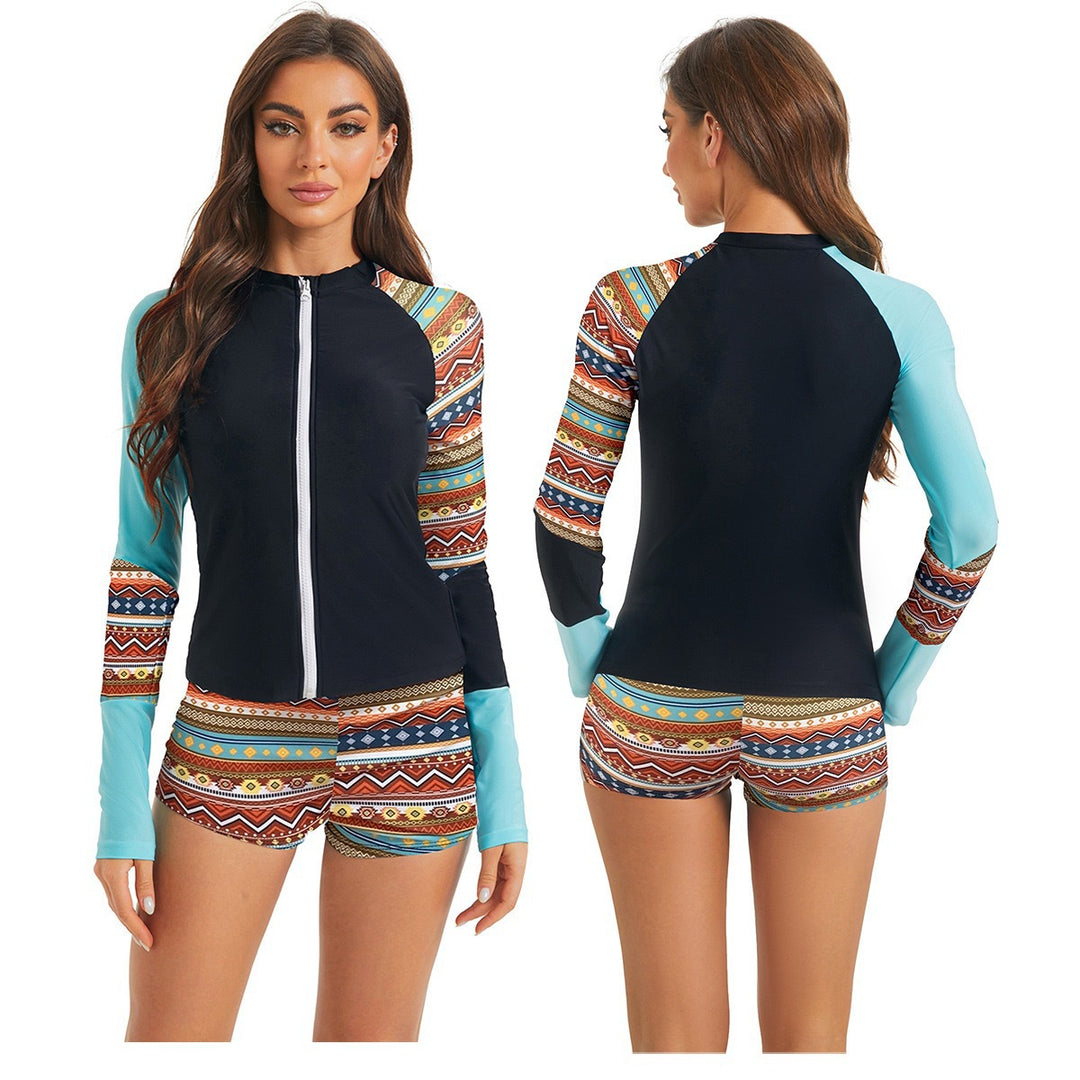 Dame Langærmet Zip-Up Rash Guard Svømmesæt Stilla