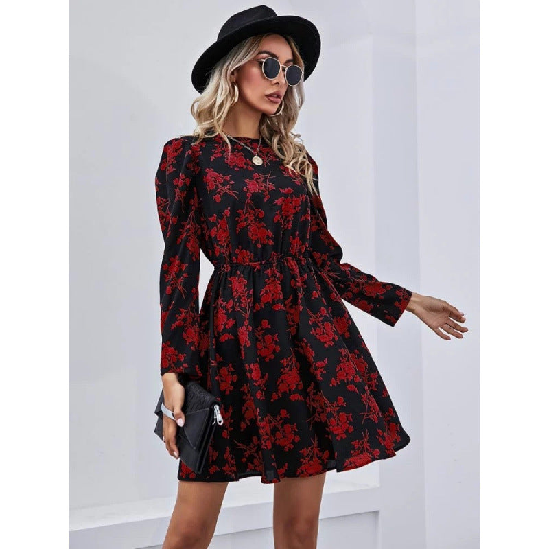 Dame Floral Print Swing Kjole med lange ærmer og talje knude Stilla