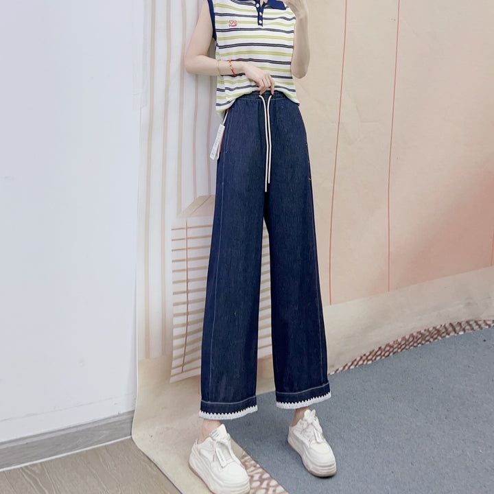 Dame Bred Denim Bukser med elastisk Talje og Dekorativ Bund Stilla