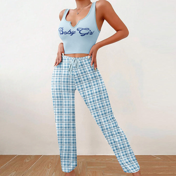 Dame afslappet Crop Top og ternet Bukser Sæt med justerbar linning Stilla