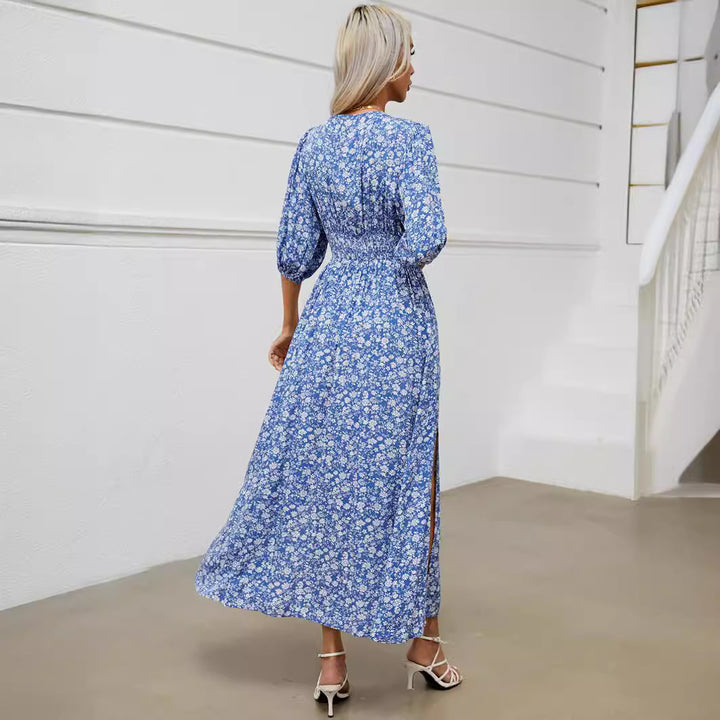 Dame maxikjole med blomstermønster og elegante pufærmer Stilla