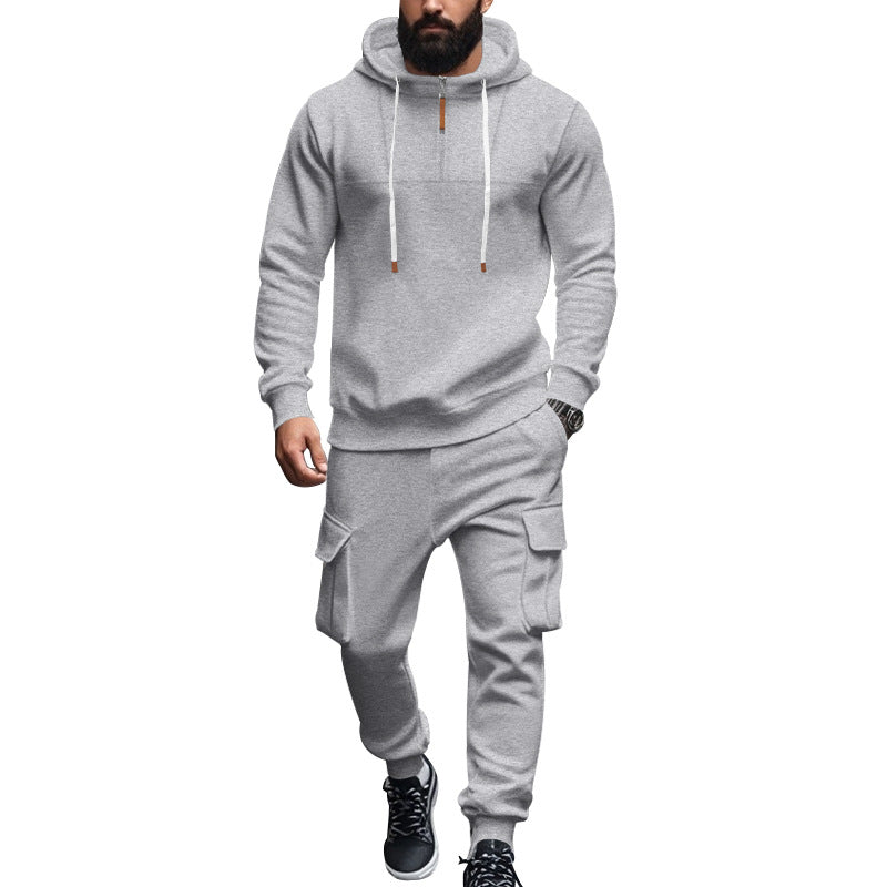 Herren nan hoodie- og joggersæt i cargo-stil med kort brystlynlås og påsyede klaplommer Skovae