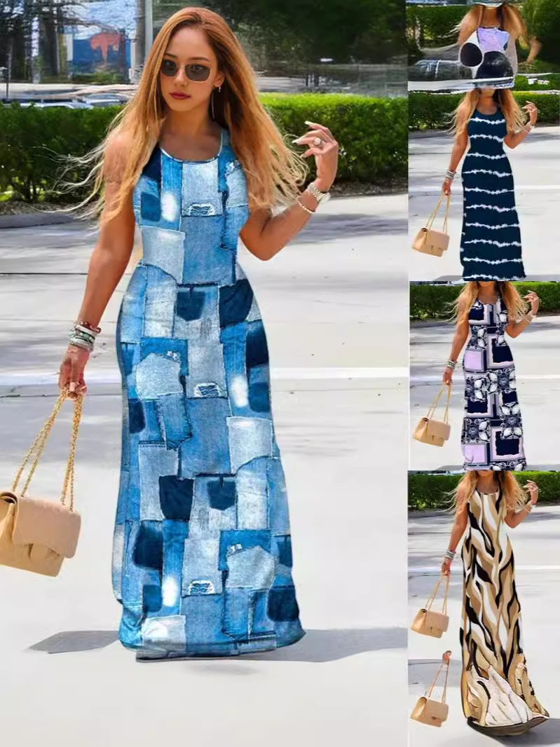 Dame maxikjole med moderne denim-design Stilla