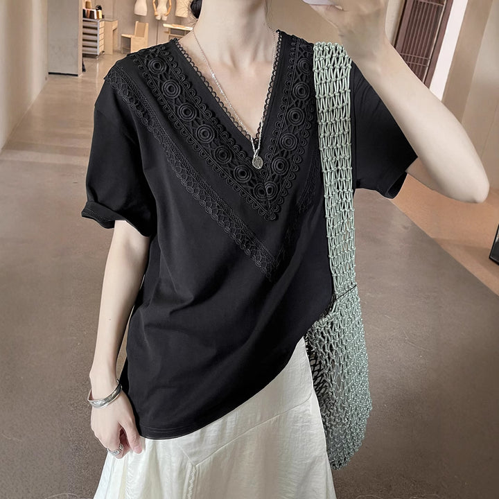 Dame elegant T-shirt med fine spidsede accenter og ensfarvet design Stilla