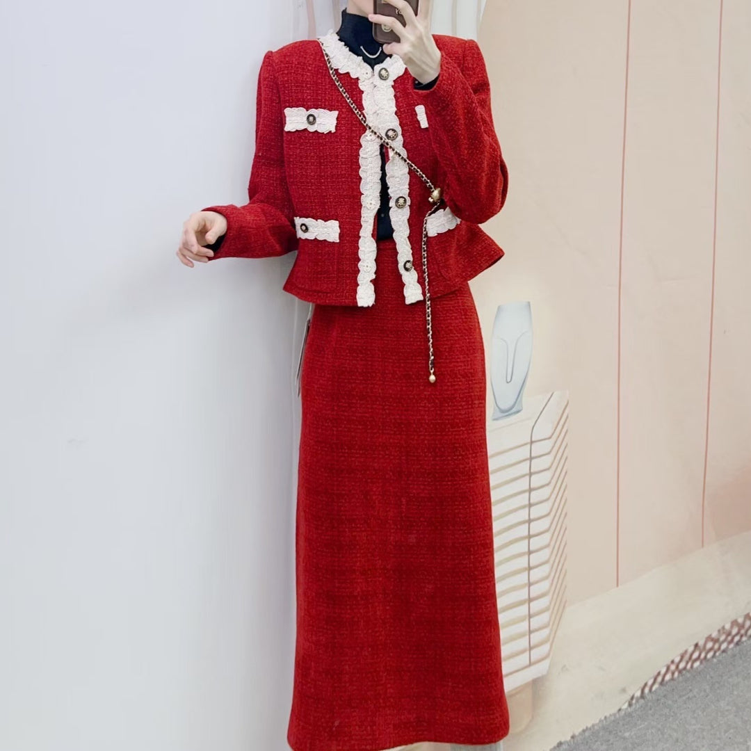 Dame Tweed-Blazer og Nederdel-Sæt med dekorative Knapdetaljer og feminint Design Stilla