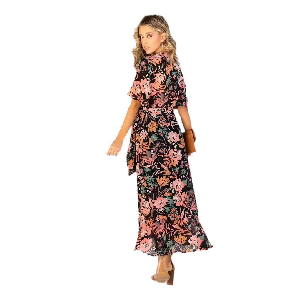 Dame Floral Print Maxikjole med elegant Flæsekant Stilla