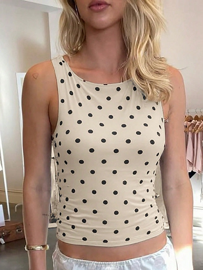 Dame ærmeløs top med polka-prikker og tætsiddende snit Skovae