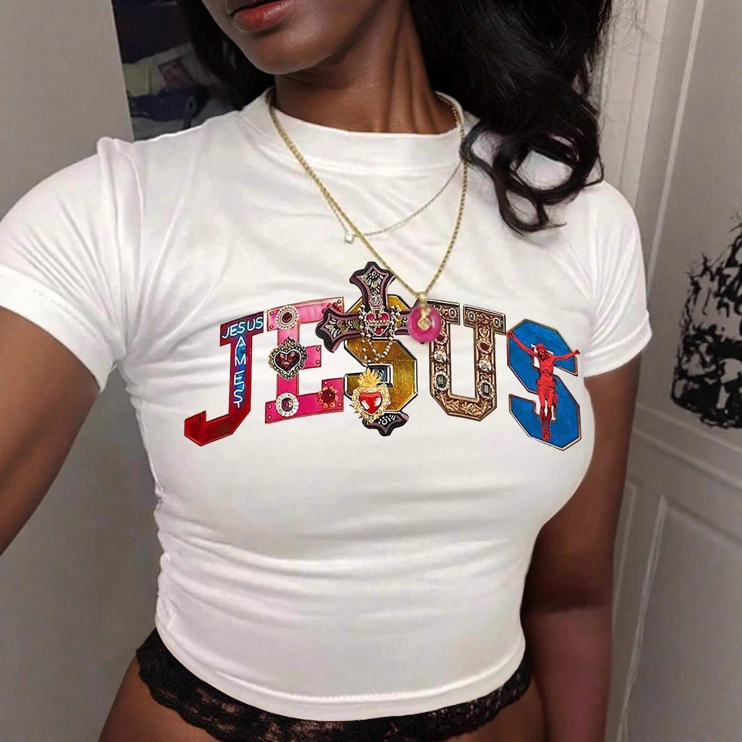 Dame Kortærmet Crop-T-Shirt med sjovt skrifttryk Skovae