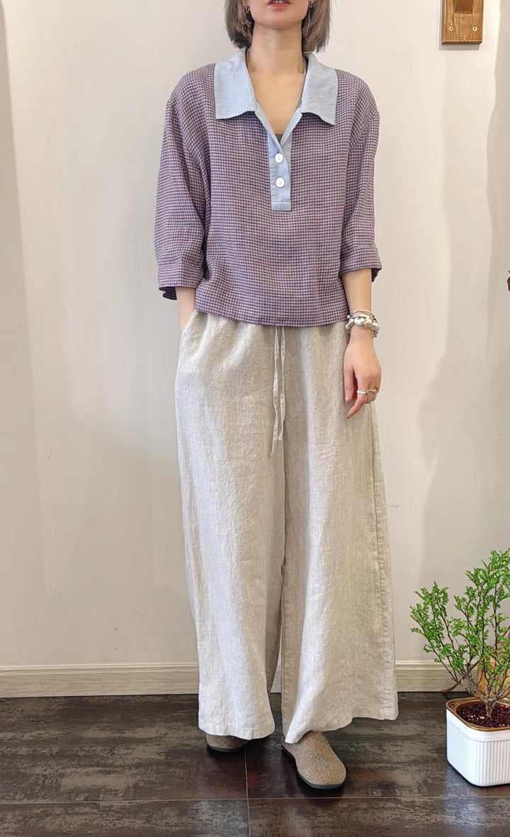 Femme Overstørrelser Linned Button-Up Top og Bredbenet Bukser Sæt Stilla