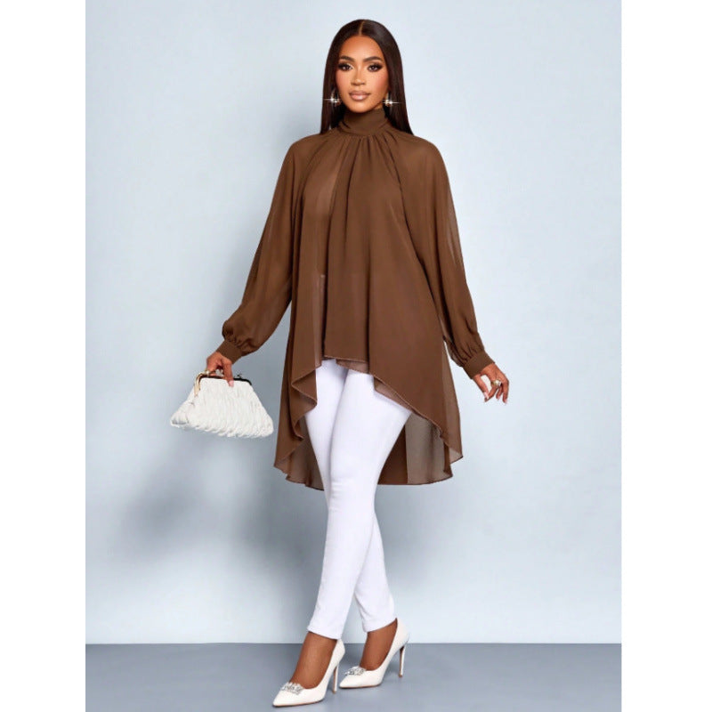 Dame Elegant Langærmet Bluse med asymmetrisk nederkant og stålkrave Skovae