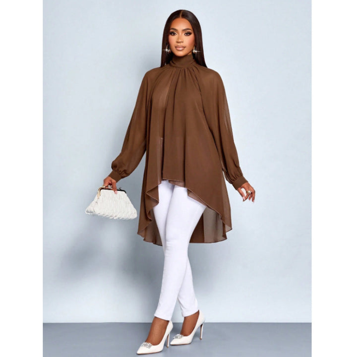 Dame Elegant Langærmet Bluse med asymmetrisk nederkant og stålkrave Skovae