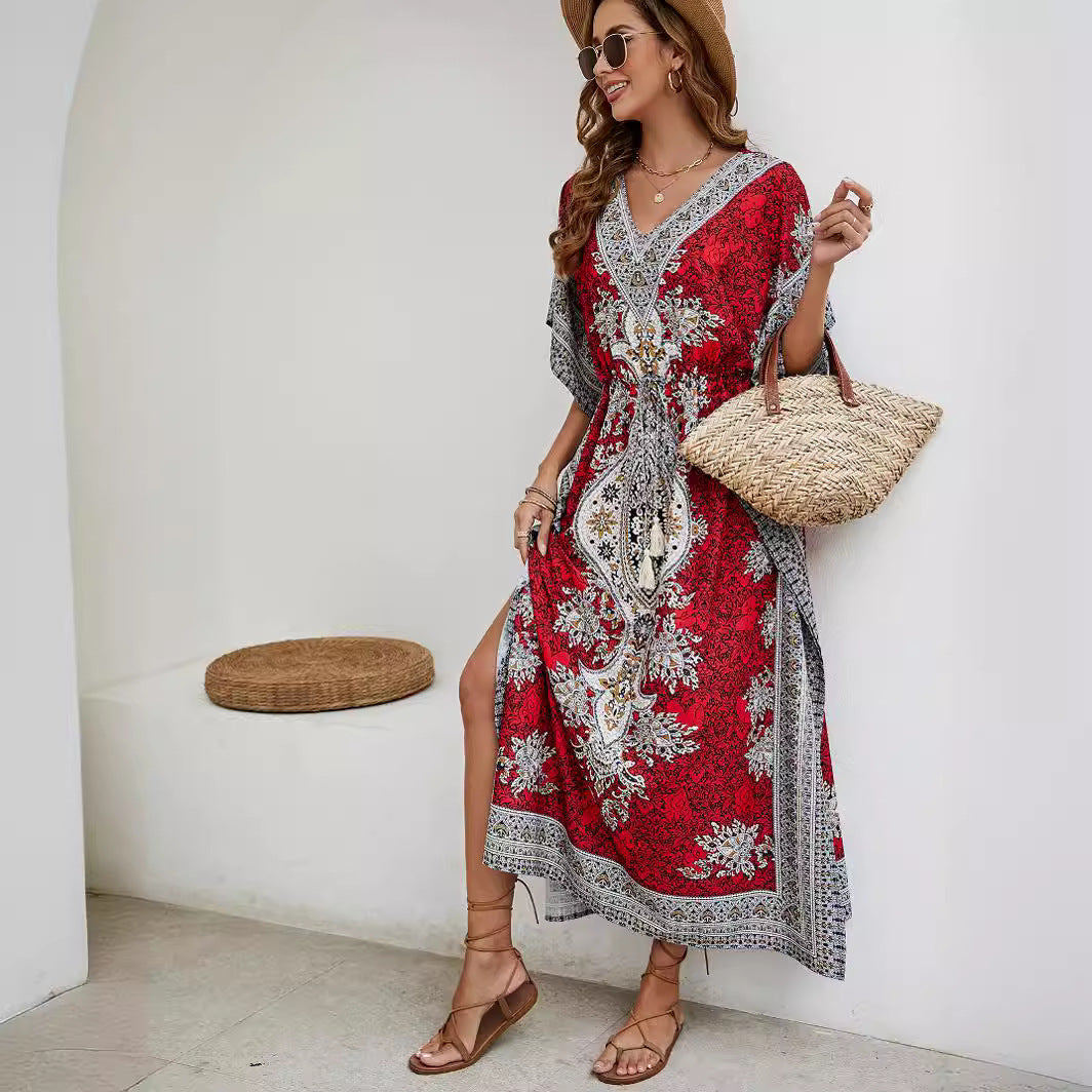 Dame Mode Maxi Kaftan med V-udskæring og unikt mønster Stilla
