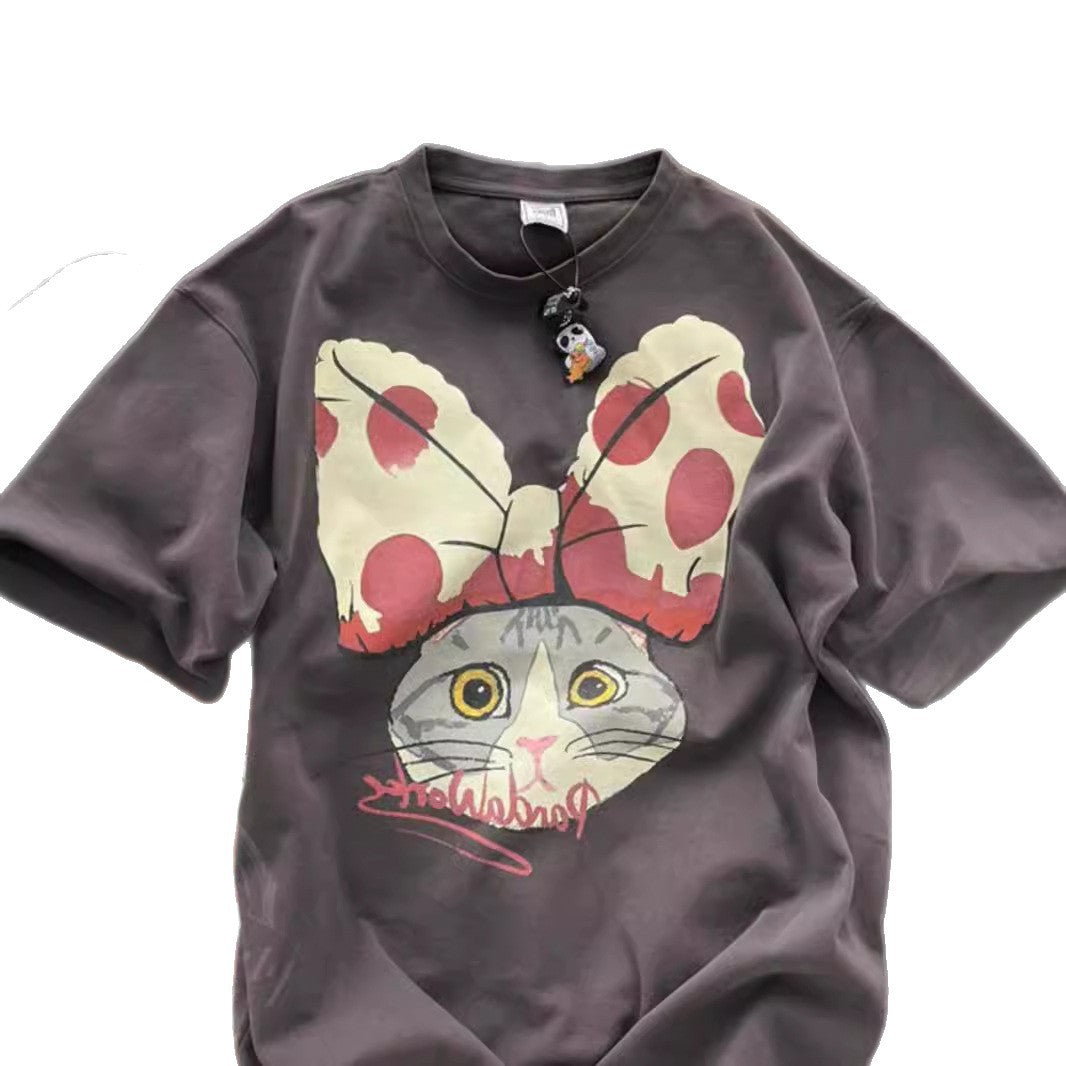 Dame T-shirt med legende kattemotiv og vidunderligt sløjfedesign Stilla
