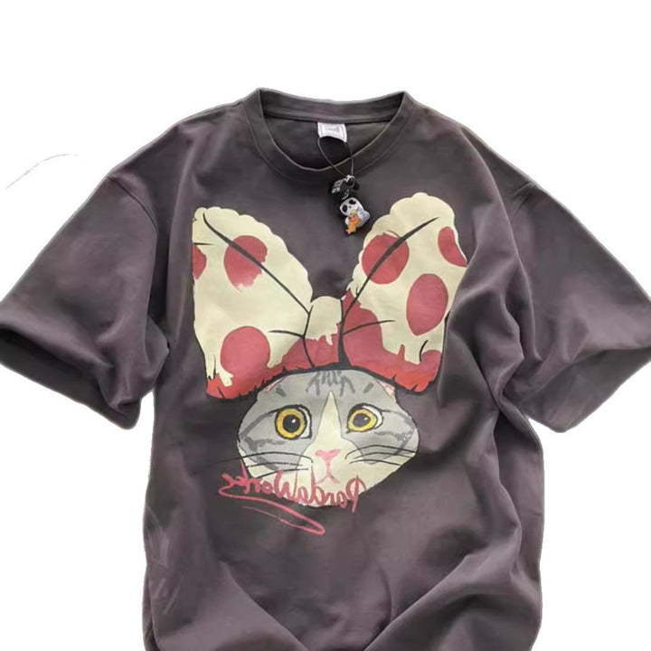 Dame T-shirt med legende kattemotiv og vidunderligt sløjfedesign Stilla