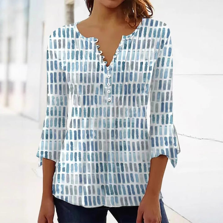 Dame langærmet blouse med kunstnerisk mønster og knapliste Stilla