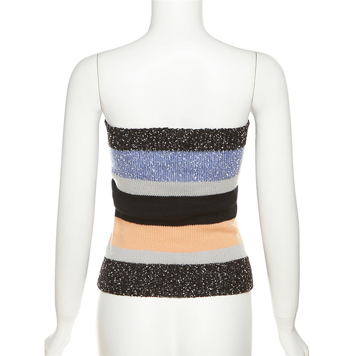 Dame Bandeau-top med farverige striber og dekorative knapper Skovae