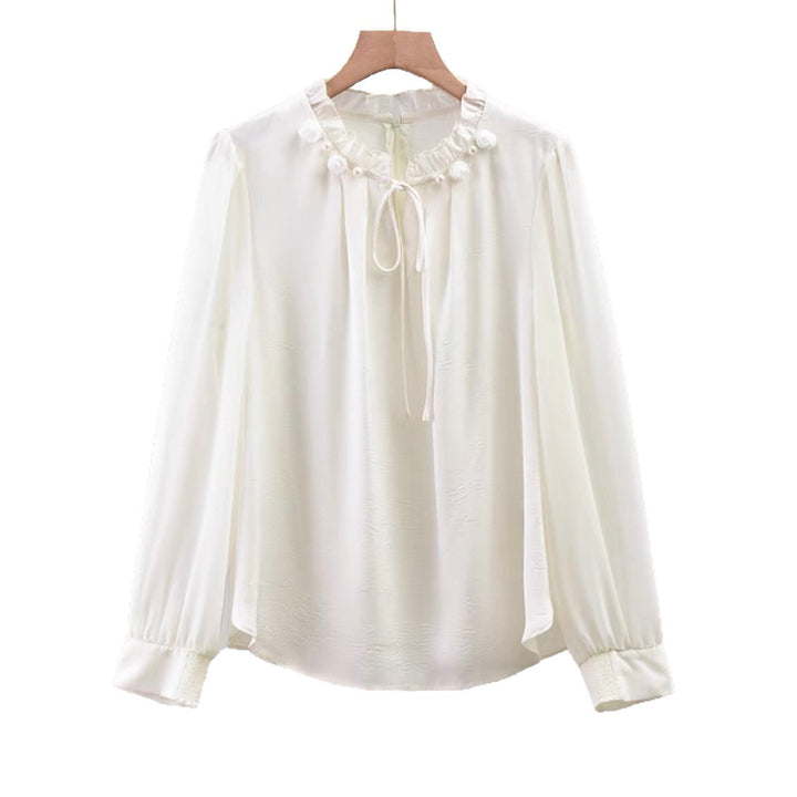 Dame Elegant Bluse med Flæsedetaljer og PerleacCenter Stilla