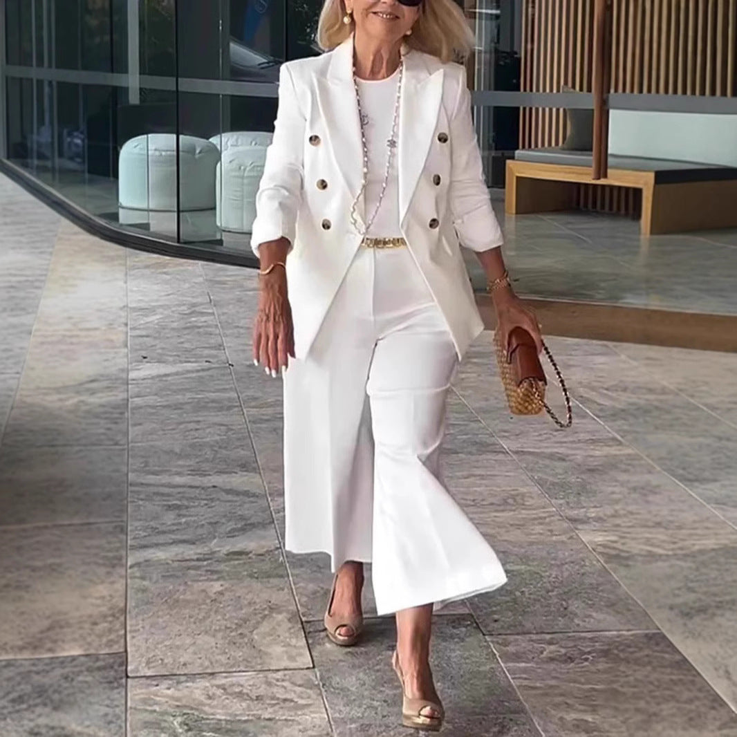 Damer Elegant Blazer- og Bukser-Sæt med dobbelt knaplukning og bredt ben Stilla