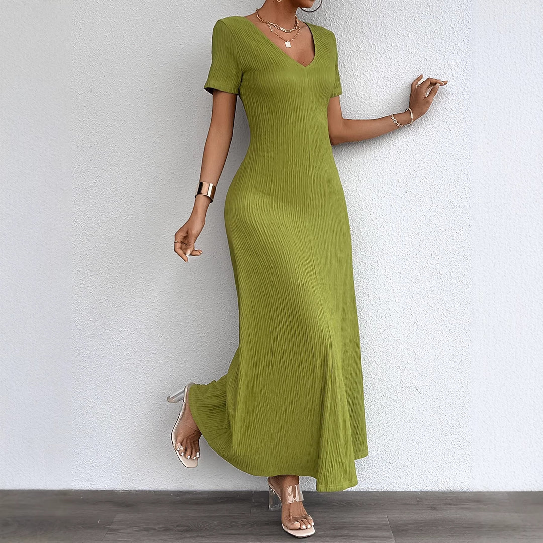 Kvindernes long sleeve maxi kjole med elegant V-hals og ribbet tekstur Stilla