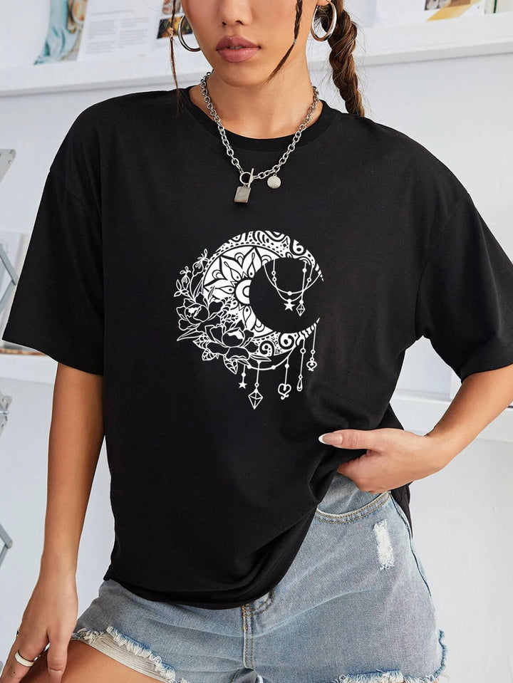 Dame afslappet T-shirt med kreativt månemønster Stilla